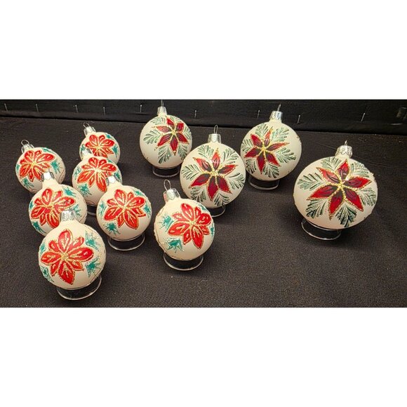 Vintage Christmas Classics Commodore Hand Decorated Poinsettia Glass Ornaments - Picture 2 of 13